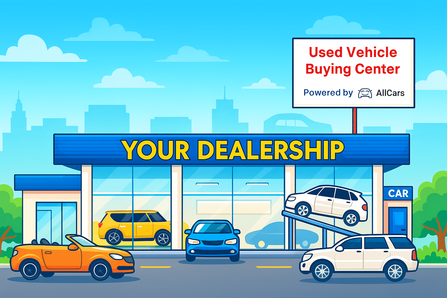 A car dealership showing multiple cars being dropped off by AllCars