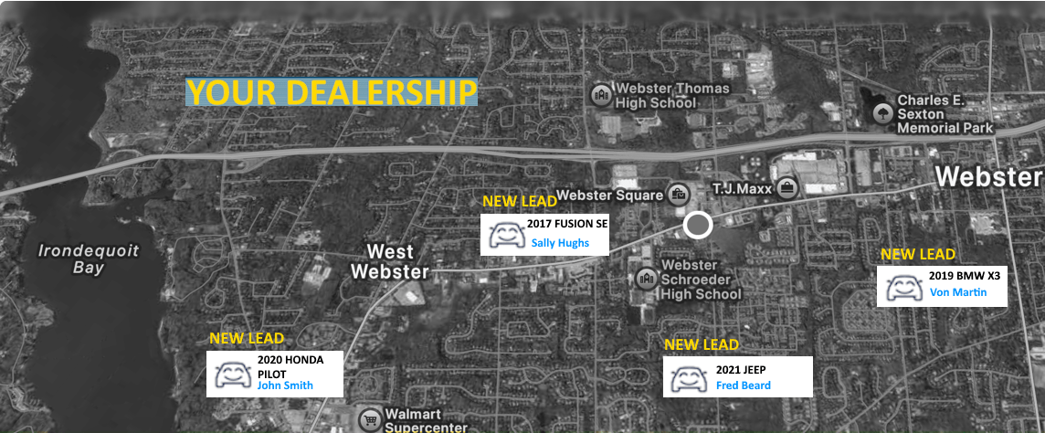 Map showing local seller leads near a dealership
